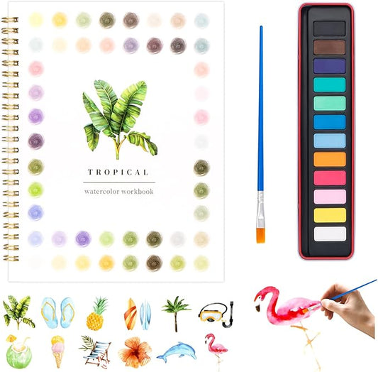 Metyond Watercolor Workbook - Watercolor Coloring Book with 1 Workbook 12 Colors Paint Set with Brush, Beginner Friendly Watercolor Workbooks Set Gift for Adults Teens (Tropical)