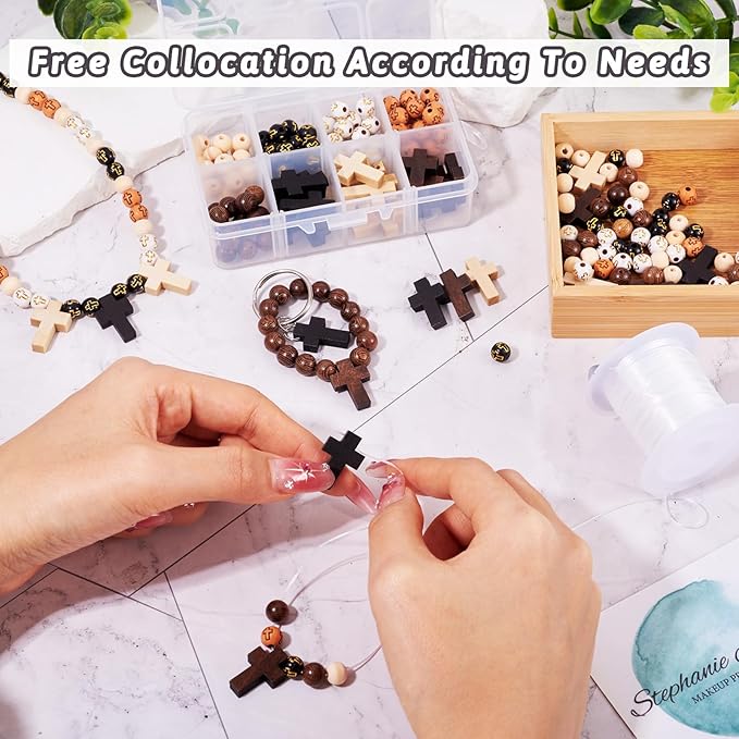 Beadthoven 211pcs/Box Rosary Making Kit, Wood Cross Beads 8mm Acrylic Cross Round Beads Spacers Easter Crucifix Cross Charms for Bracelet Jewelry Making Kit DIY Crafts
