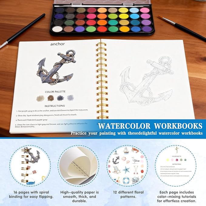 Watercolor Workbook，36 Colors Water Coloring Book Paint Set for Adults,12 Different Patterns of Original DIY Designs, Beginner-Friendly Watercolor Workbooks with Palette and Brush (Ocean)