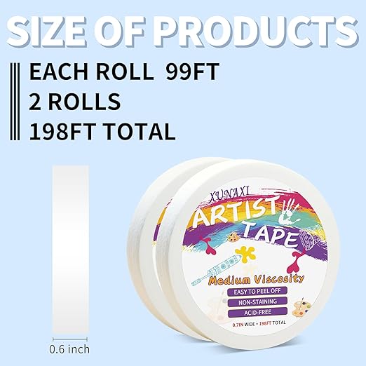 2 Packs Artist Tape Medium Tack White Art Tape for Watercolor Paper Drafting Art Painting Canvas Framing Acid Free Masking Tape- 0.7IN Wide 197FT Long Total
