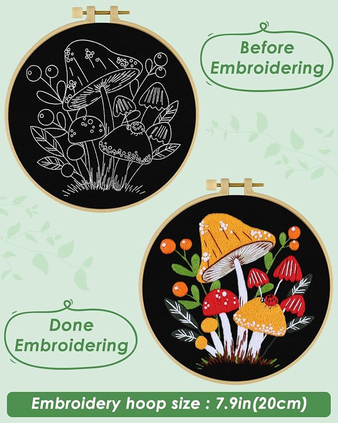 ERKOON Embroidery Kit for Beginners, Flower Cross Stitch Set for Include Embroidery Cloth Hoops Threads for Craft Lover Hand Stitch with Embroidery Skill Techniques (Mushroom)