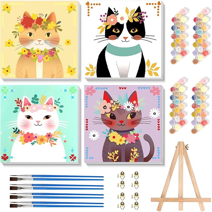 4 Pack Cat Paint by Number for Kids with Wooden Frame, Paint by Numbers for Kids Cats Ages 4-8-12, Easy Cat DIY Acrylic Oil Painting Kits for Home Wall Decor (8X8 inch)