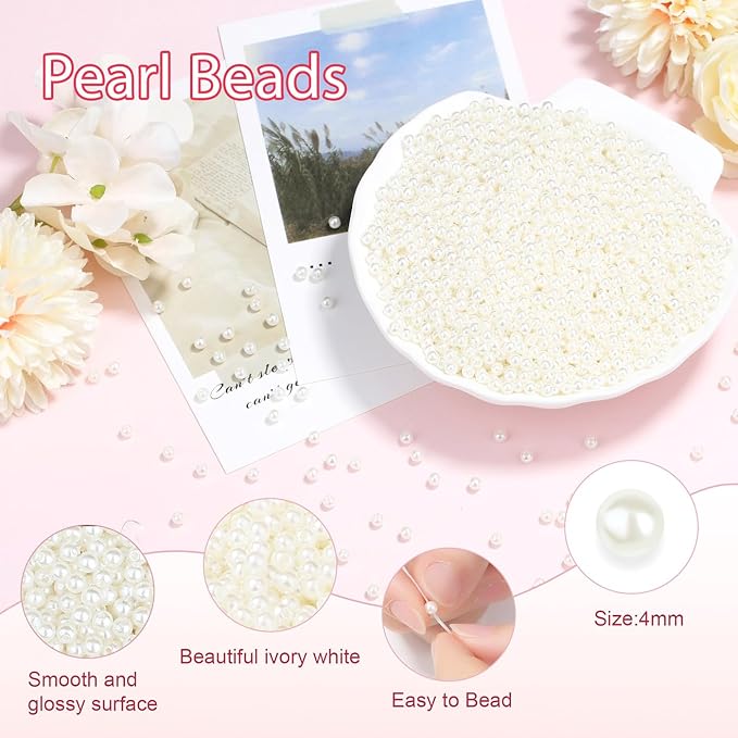 2500Pcs 4mm Small Pearl Beads for Jewelry Making, Tiny Charm Loose White Pearl Beads for Bracelets, Mini Acrylic Fake Round Pearls with Hole for Necklace, Earring, Vase Fille, DIY Craft