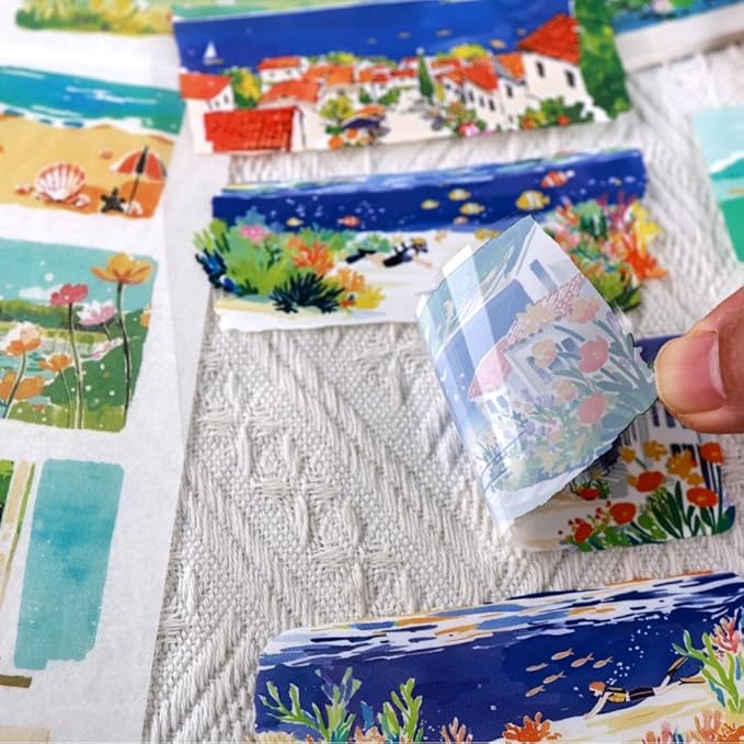 20 Sheets Diecut Summer Scenery Scrapbook Sticker Book for Scrapbooking, Dual Materials - PET and Washi Stickers for Journaling, Junk Journal Supplies, Collage, 4.5X 9.8 Inches