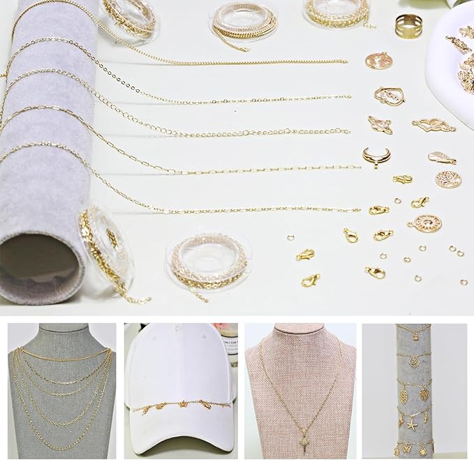XKCWXY 14K Gold Chain for Jewelry Making,16.4 ft 5 Rolls Jewelry Chains Bulk for DIY Necklace Bracelet Making Accessories with Charm Pendants Jump Rings Lobster Clasps Pliers