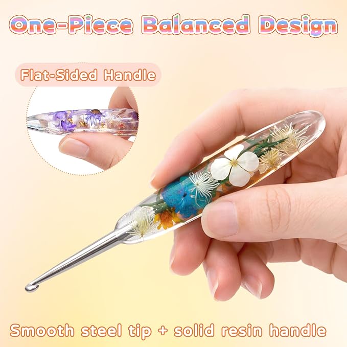 Reessy 3.0mm Crochet Hook with Floral Resin Handle – Ergonomic Grip & Hand-Polished Stainless Steel Tip – Smooth Glide Crochet Hook for Beginners, Arthritic Hands & Gifts (C-3.0mm)