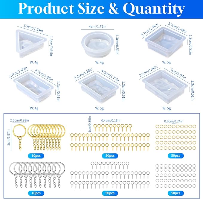 226Pcs Resin Keychain Molds Set - Triangle, Round, Square, Rectangle Ripple Pendant Molds with Keychain Accessories, Perfect Epoxy Resin Silicone Molds for DIY Jewelry Making