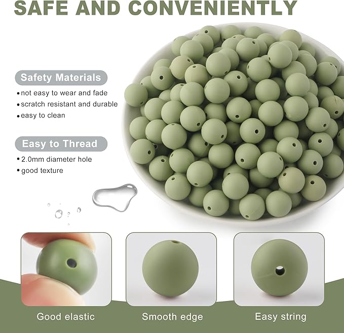 150Pcs 15mm Silicone Beads for Keychain Making Bracelet Necklace, Bulk Round Silicone Beads for Pens（Matcha Green）