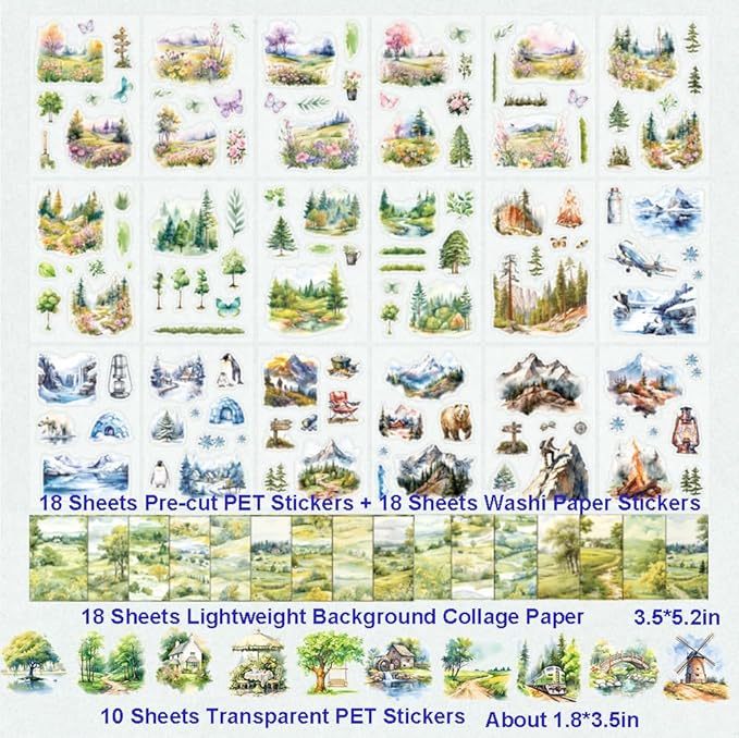 64 Sheets Vintage Floral Scrapbooking Kit, Precut Floral Natural Garden Flowers Butterfly Transparent PET and Washi Stickers with Scrap book Paper for Scrapbook Supplies Junk Journals Craft (Mountain)