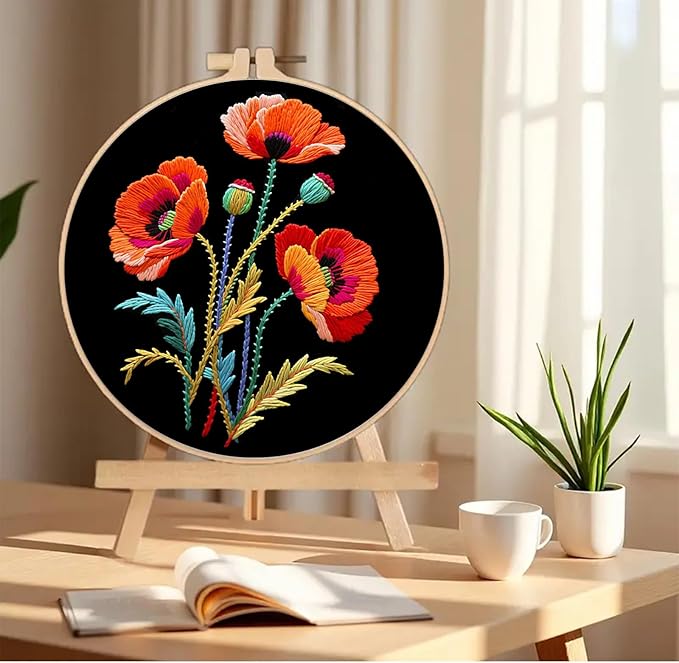 Huacan Embroidery Kit for Beginners, Flower Pre-Stamped Pattern Kits for Adults with Hoop, Easy to Follow Color Thread Needlework