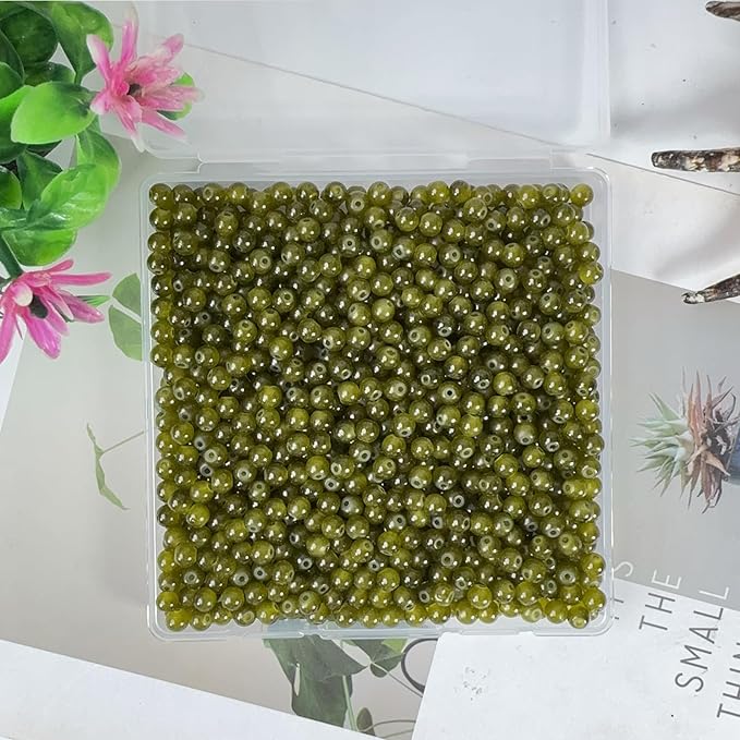 6mm Round Glass Beads for Jewelry Making, 900Pcs Glass Seed Beads for Bracelets, DIY Crafts (Olive Green)