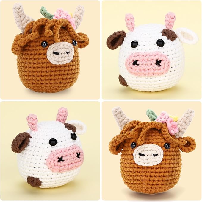 CrochetBox Crochet Kit for Beginner, Highland Cow and Cow Learn How to Crochet Stuffed Animals Gift for Adults and Teen(), Knitting Set with Yarn Hook Stitch-by-Stitch Video Tutorial