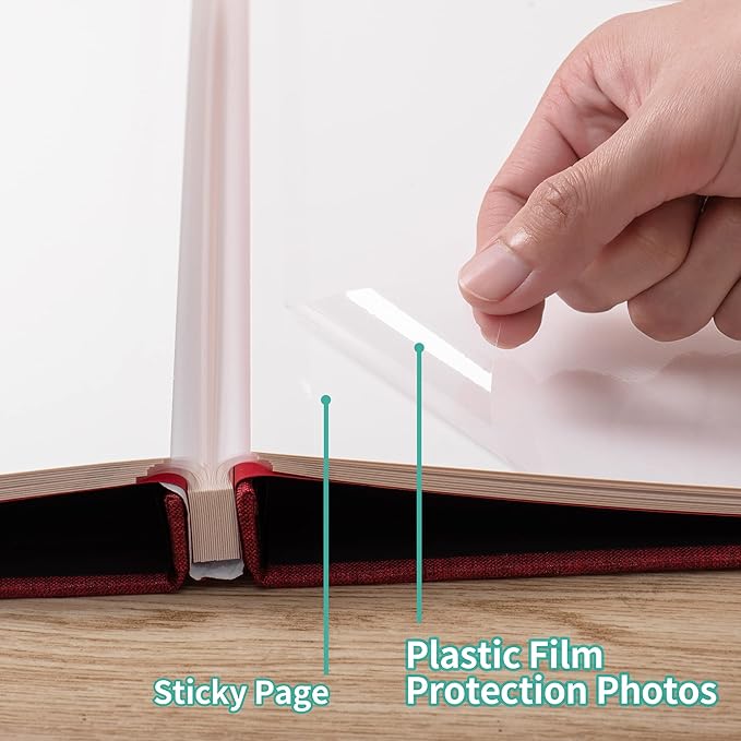Large Photo Album Self Adhesive 4x6 8x10 10x12 13"x12.8" Magnetic Scrapbook Album 12.6"x11" Inch 60 Sticky Pages Linen Cover DIY Photo Album with A Metallic Pen and DIY Stickers(Red)