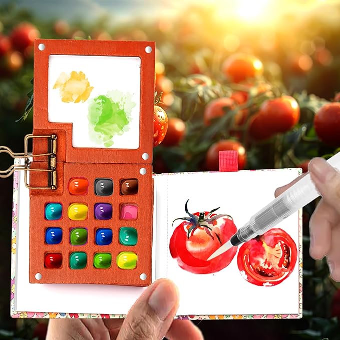 Pocket Wooden Paint Palette with Metal Clip, Water Colour Paints Sets with Sketchbook & Water Pen for Painters,Artists,Beginner (Blue-24 Colors, L-15 Grids)