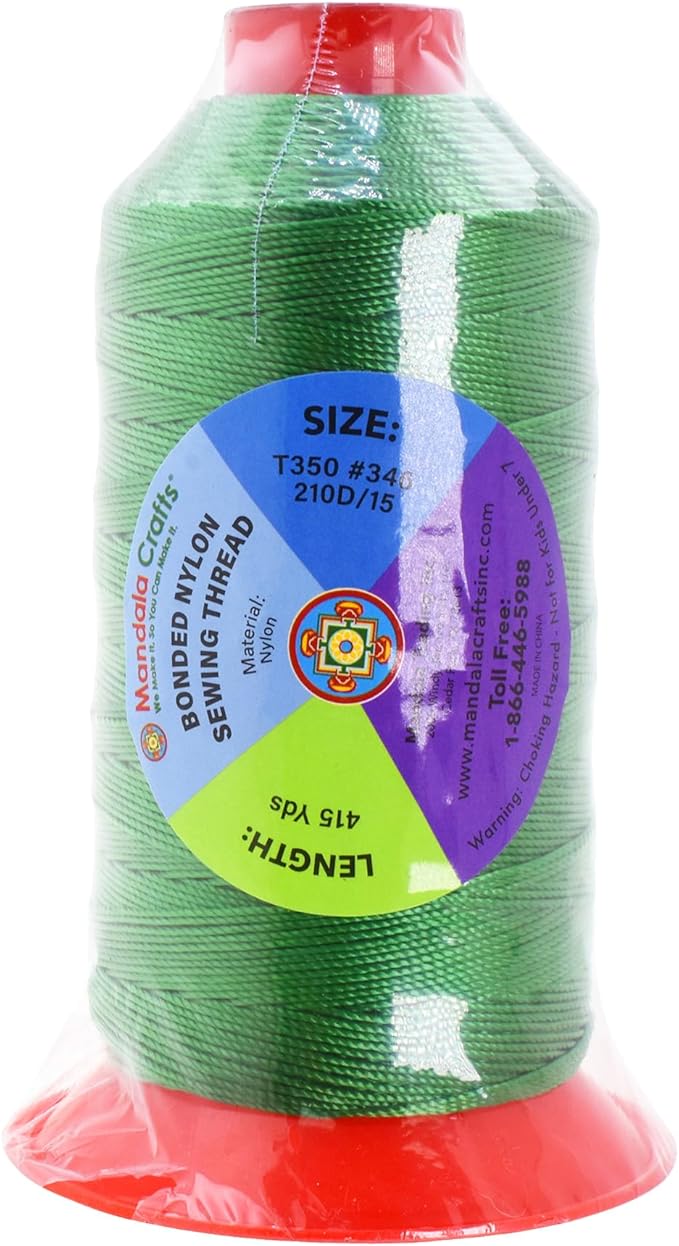 Mandala Crafts Size 346 210D T350 Bonded Nylon Thread - Green 415 YDs Tex 350 Heavy Duty Sewing Threads for Leather, Jeans, Weaving, Outdoor Marine Upholstery