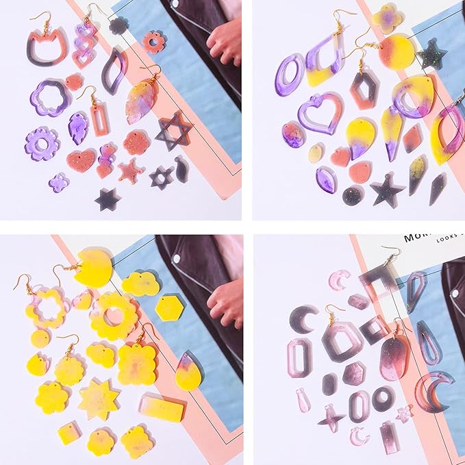104Pcs Geometric Resin Earring Molds Kit, Flower Shaped Earrings Silicone Mold for Epoxy Resin Dangle Drop Jewelry Molds Making Kit with 100 Earring Hook for Earrings Necklace Pendants (Irregular)