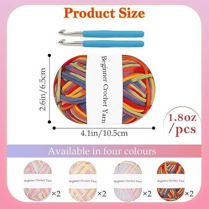 Crochet Yarn Kit 8 Pack - Rainbow Beginners Set, Rainbow Cotton-Nylon Blend, DIY 3x50g, Easy-to-See Stitches, Craft Yarn Supply for Knitting & Crocheting
