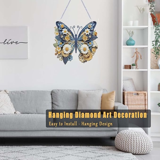TSRUVYL Butterfly Diamond Art Painting Kit for Adults, 3D Hanging Diamond Art Suncatchers, Cute Diamond Art Painting Crafts Gift, DIY Special Shaped Gem Crystal Ornament(Blue-Butterfly)
