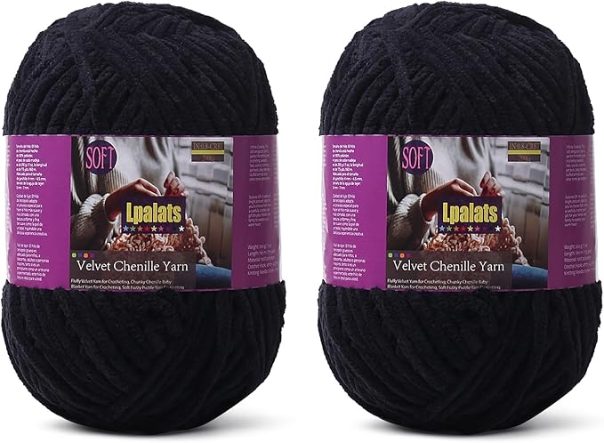 Baby Blanket Yarn for Crocheting - 2 Pack of 200g/7oz Chunky Chenille Yarn for Knitting Blankets Amigurumi - #6 Super Bulky - 348 Yards Soft Thick Plush Yarns (2, Black)