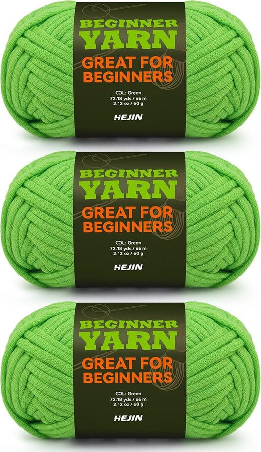 3x60g Green Yarn for Crocheting and Knitting;3x66m (72yds) Cotton Yarn for Beginners with Easy-to-See Stitches;Worsted-Weight Medium #4;Cotton-Nylon Blend Yarn for Beginners Crochet Kit Making