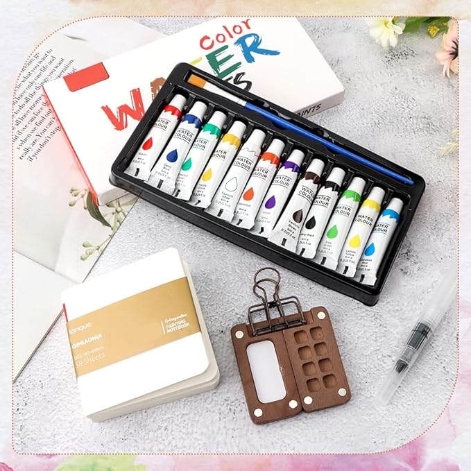 Mini Watercolor Palette Paint Set - 12 Colors with 8-Wooden Grid, Mini Sketchbook & Brush | Portable Artist Kit for Travel, Students, Beginners & Professionals