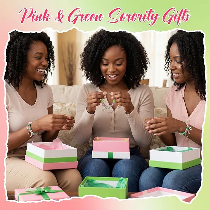 Batiyeer 237 Pcs Sorority Gifts for Women, DIY Sister Pink and Green Bracelets Making Kit, Paraphernalia Sorority Gifts for Women Sister Lady Greek Crystal Charm Sparkling Dress Accessory