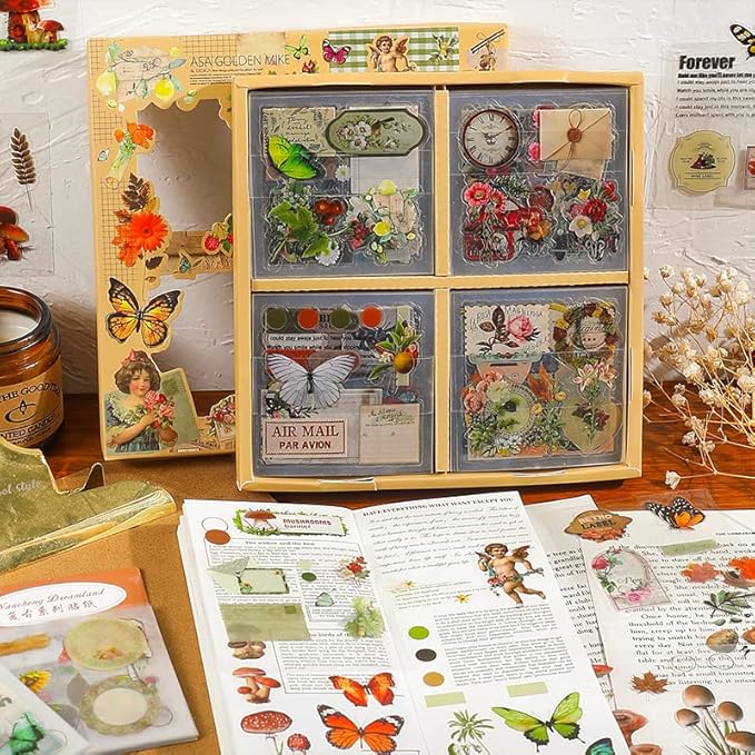 510PCS Scrapbook Kits for Adults, Vintage Aesthetic Journaling Stickers Ephemera for Junk Journal Supplies, 100 Sheets Diecut PET Scarpbook Stickers for Scrap Booking Supples, Bujo, DIY Crats Ars