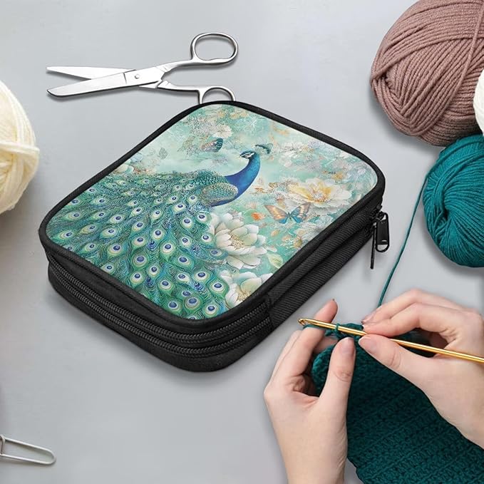 Hechitok Peacock Floral Empty Crochet Hook Case Portable Travel Crochet Storage Bag Organizer Zipper Bags with Web Pocket and Crochet Holder Slots for Crochet Knitting Accessories