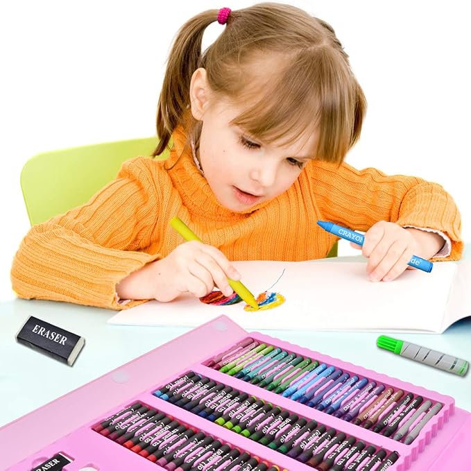 Sunnyglade 185 Pieces Double Sided Trifold Easel Art Set, Drawing Art Box with Oil Pastels, Crayons, Colored Pencils, Markers, Paint Brush, Watercolor Cakes, Sketch Pad (Pink)