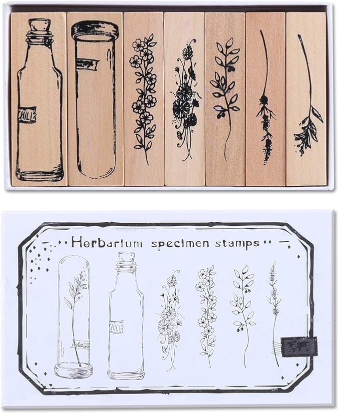 UCEC Wooden Plant Patterns Rubber Stamp, Plant and Flower Decorative Vintage Wooden Rubber Stamp Set for DIY Craft Card Scrapbooking Supplies Photo Album, Hand Book, Planner, Scrapbooking, 7Pcs