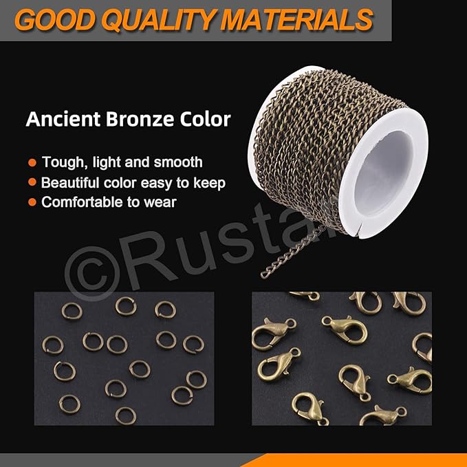 Rustark 102Pcs 4mm 30 Feet Bronze Jewelry Making Chains Kit Thin Necklace Bracelet Chain Twisted Links Curb Chain with Jump Rings Lobster Clasps and Pliers for Bracelet Necklace Jewelry Making