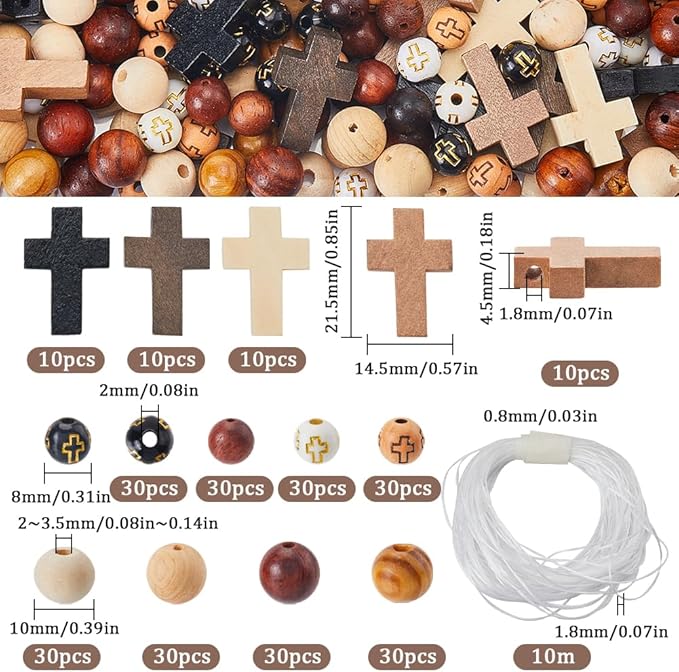 SUNNYCLUE 1 Box 280Pcs Wood Cross Charms Wooden Cross Beads Easter Rosaries Crucifix Bead Small Crosses Mini Cross Charm Round Spacer Loose Beads for Jewelry Making Kits DIY Earrings Bracelet Necklace