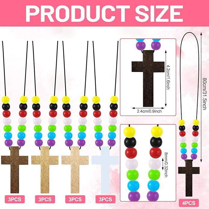 Kathfly DIY Wood Cross on Cord Pendant Necklace Sunday School Crafts for Kids Wood Cross Necklace with Colorful Beads Religious Party Favor for Vbs Church Easter Gifts