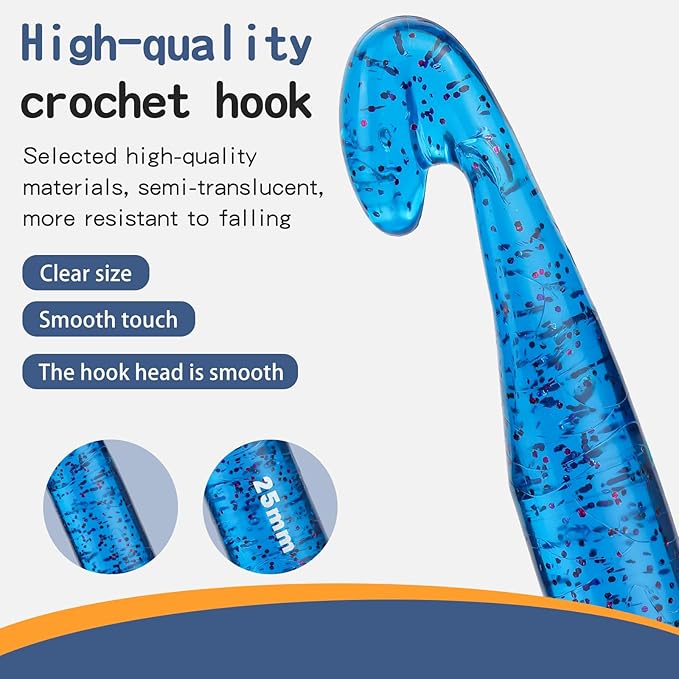 Qmnnma 5 Large Crochet Hooks, 12mm-25mm Crochet Hooks, Huge Transparent Crystal Crochet Sets for Crocheting Yarn, Chunky Yarn, DIY Crafts (Blue)