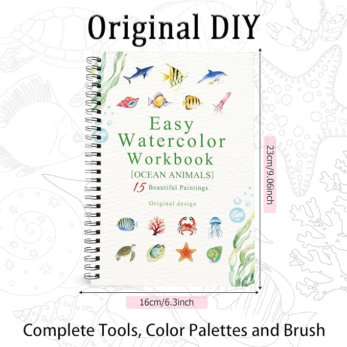 Watercolor Workbooks Ocean Animals, 15 Beautiful Paintings for Water Color Book Adult, Watercolor Coloring Book for Beginners, Watercolor Workbook for Adults Teens (Without Palette, Ocean Animals)