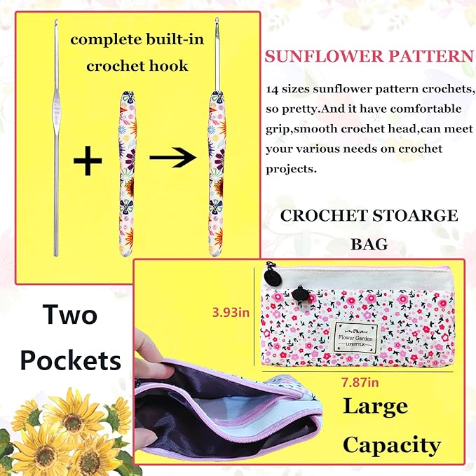 14 Sizes Crochet Hooks Set,2.25mm(B)-10mm(N) Ergonomic Handle Crochet Hook for Arthritic Hands,Long Crochet Needles Set with Case for Beginners and Enthusiasts