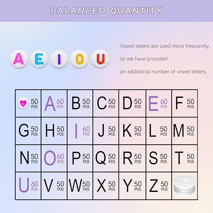Amaney 1400pcs Colorful Letter Beads 4x7mm Alphabet A-Z Heart White Flat Round Acrylic Beads and Crystal Line for Jewelry Making Bracelets Necklaces Key Chains (Colorful Heart)