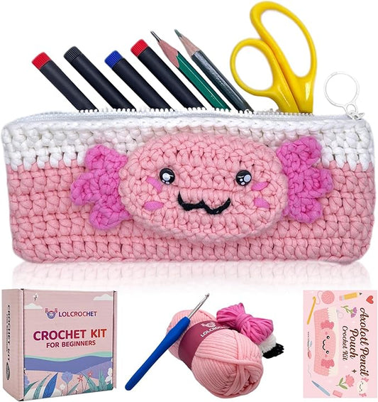 Axolotl Crochet Kit for Beginners, Learn to Crochet Pencil Bag Starter Set with Video Tutorial & Crocheting Manual, Easy Yarn Knitting Kit for Adult, DIY Amigurumi Birthday Xmas Gift Idea