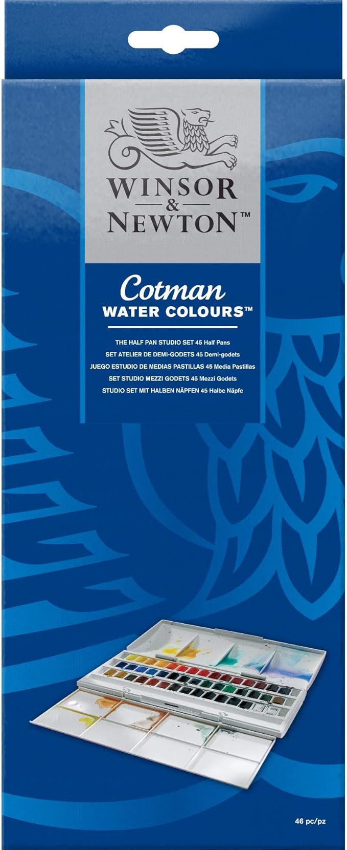 Winsor & Newton Cotman Watercolor Paint Set, Studio Set, 45 Half Pan w/ Brush