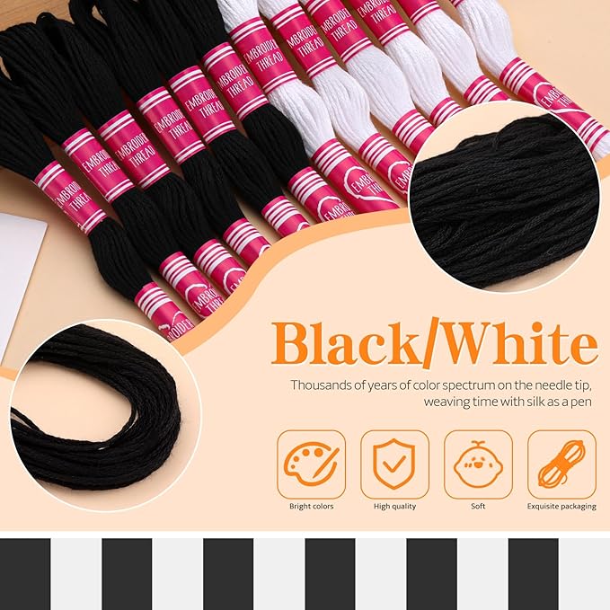 Embroidery Floss,12 Skeins Black and White Embroidery Thread,Friendship Bracelet String for DIY Making,Embroidery Crafts