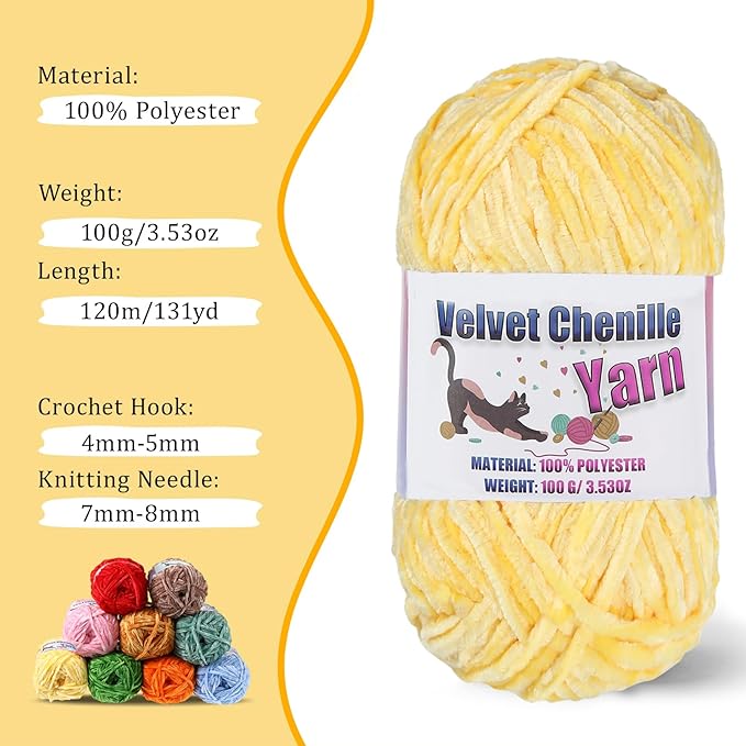4 * 100g Fluffy Velvet Chenille Yarn for Crocheting and Knitting, Handcrafts Weaving Soft Chenille Yarn for Crocheting Clearance, Used for Making Baby Yarn Blanket, Clothes, DIY Craft (Yellow)
