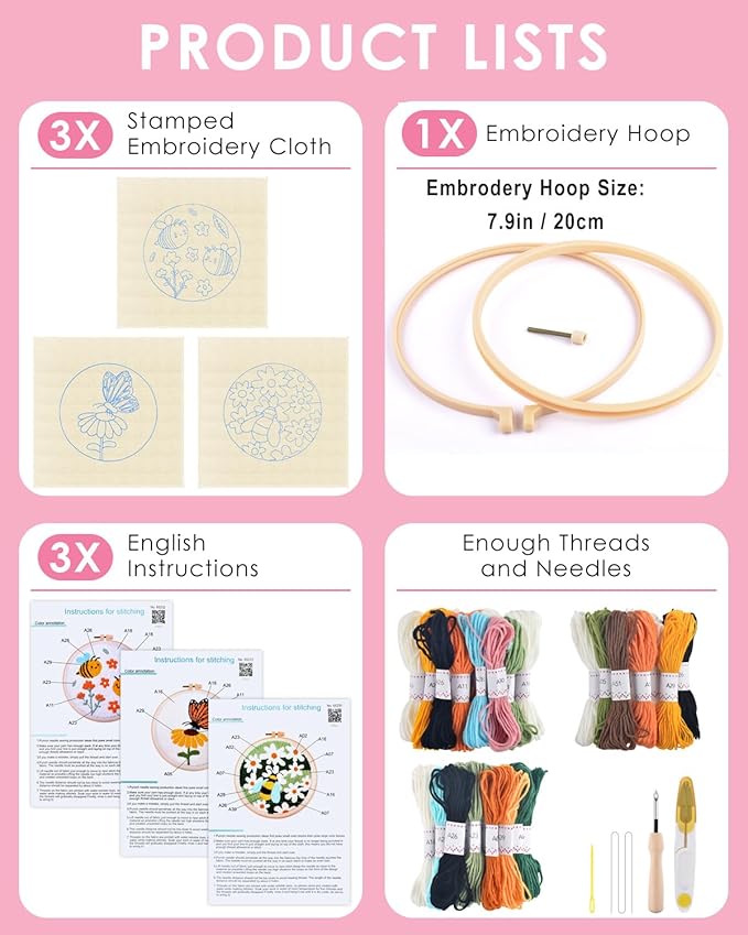 TINDTOP 3 Sets Punch Needle Kits, Flowers Punch Embroidery Kits for Adults Beginner, Tool with Punch Needle Fabric, Hoops, Yarns and Sewing Needles