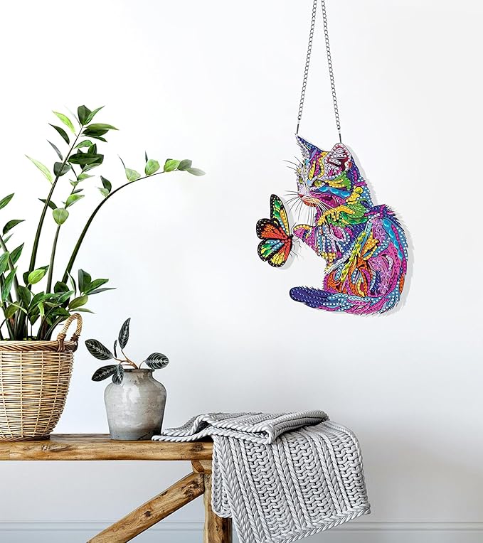 Ginfonr Diamond Painting Kits Hanging Pendant, Cat Sun Catcher for Front Door Sign, Special Shaped Rhinestone Butterfly Diamond Art, Summer Porch Decor for Outdoor Garden Wall Window (8 x 8 inch)