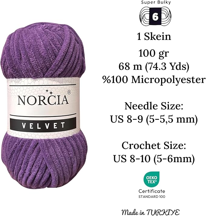 Soft Velvet Chenille Yarn for Crocheting, Knitting, Amigurumi, Weaving - Super Bulky Baby Blanket Yarn - Purple, 1 Skein