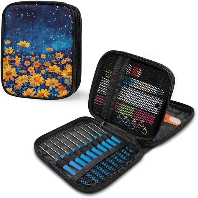 Hechitok Yellow Flower Crochet Hook Case Zipper Storage Organizer Bag with Pockets for Various Crochet Needles/Knitting Accessories/Crochet Hook Kit Tools