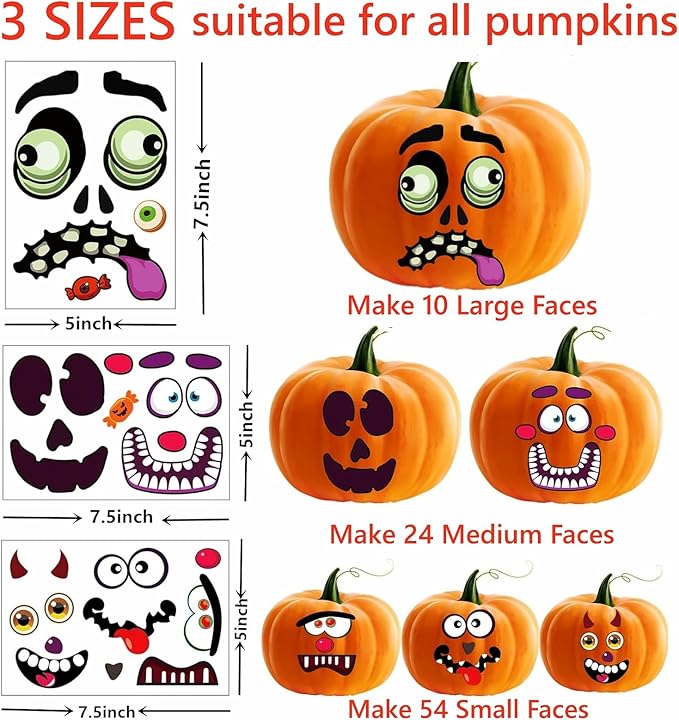 88 Pack Halloween Pumpkin Decorating Stickers, 3 Different Sizes Face Decor Stickers for All Pumpkins, Decorating Painting Craft Kit for Kids Halloween Party Decorations Treats Party Favors Supplies