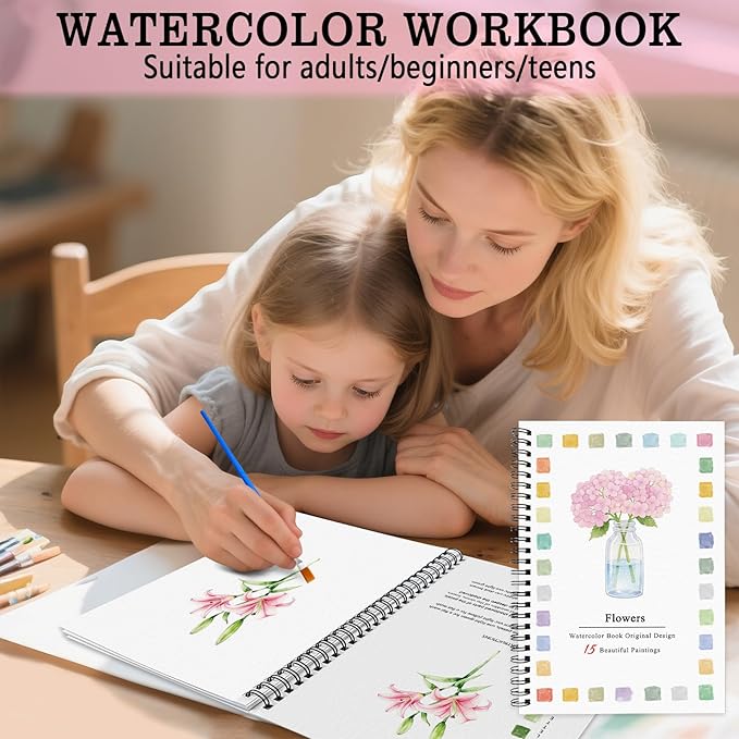 SLWBZ Watercolor Workbook Pink Flowers, 15 Different Patterns of Original DIY Designs, Beginner-Friendly Watercolor Workbooks, (Pink Hydrangeas, Without Palette)