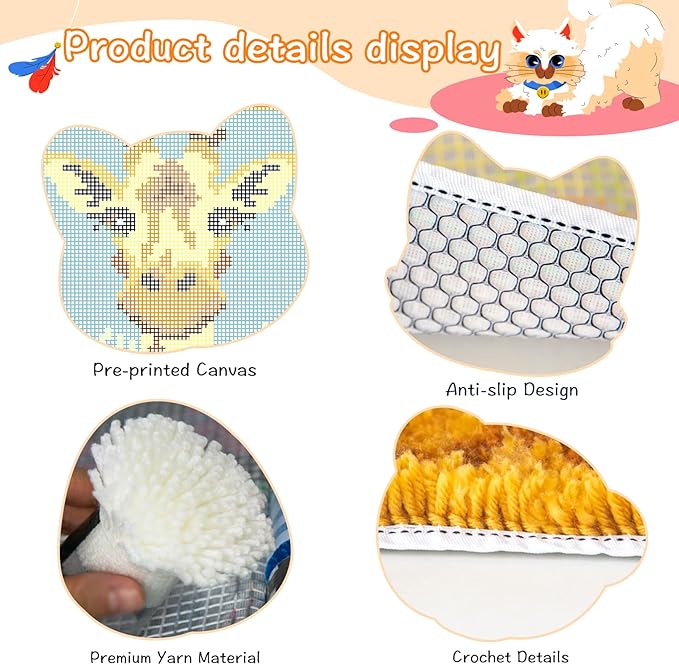 YP Latch Hook Rug Kits for Adults,Crochet Yarn Pre-Printed Cushion Embroidery Needlework Carpet DIY Tapestry Rug Making Kit for Family Decoration 12X12inch(Giraffe)