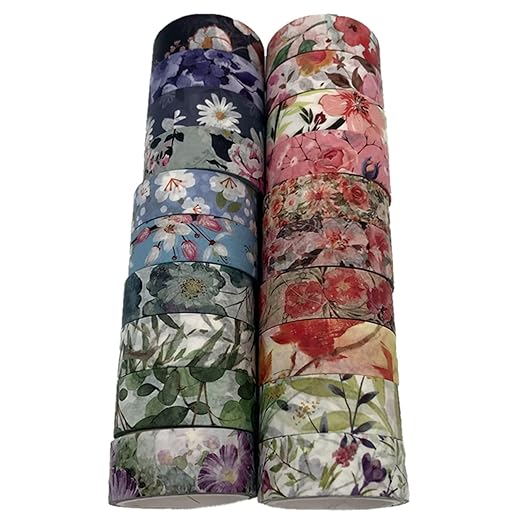 Floral Washi Tape Set 20 Rolls 15mm Wide Flower Decorative Paper Tapes for Scrapbooking, Journal, Planner, DIY Crafts, Gift Wrapping
