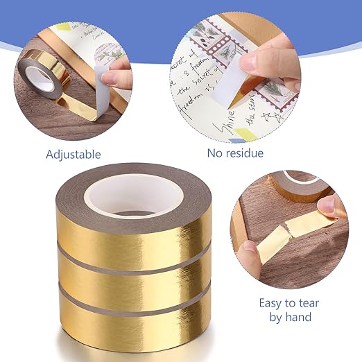 3 Rolls Gold Washi Tape 0.59In × 196Ft (Total 60m) Solid Foil Gold Tape, Low Adhesive Shiny Metallic Decorative Tape for TV Frame Mirror Decor Crafts Gift Wrapping